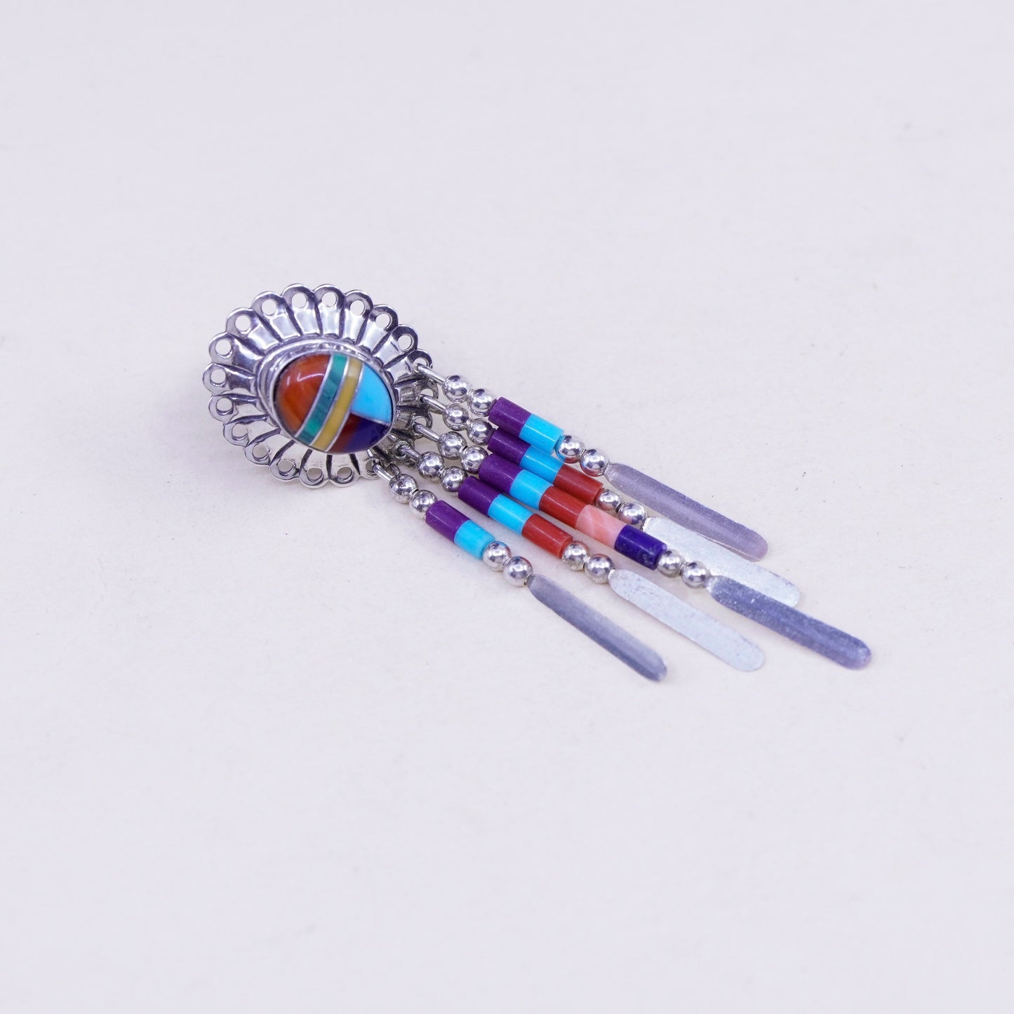 QT Native American sterling silver handmade earrings, 925 fringe, Zuni, Navajo