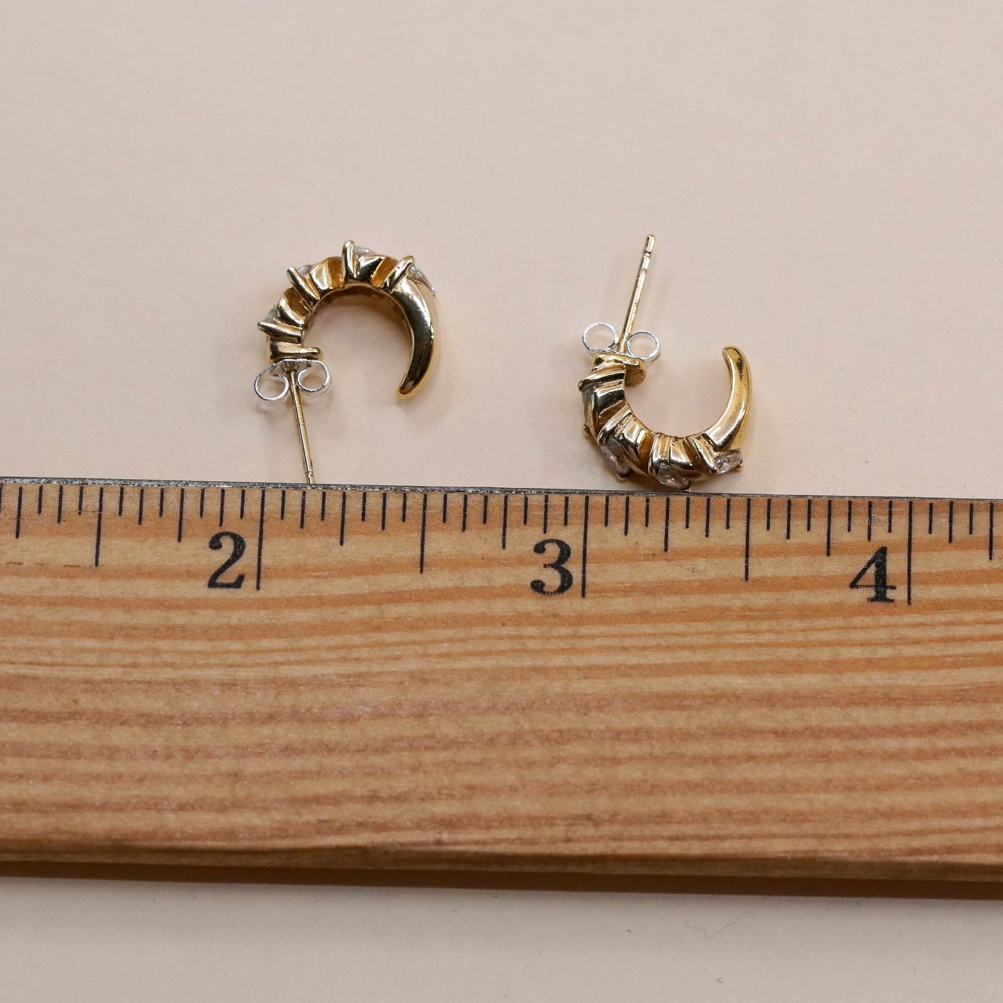 0.5”, Vintage vermeil gold over sterling silver earrings, 925 hoops, huggie cz
