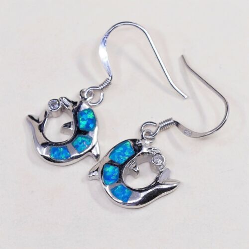 Vintage Sterling 925 Silver Handmade Dolphin dangle earrings W/ Opal Inlay