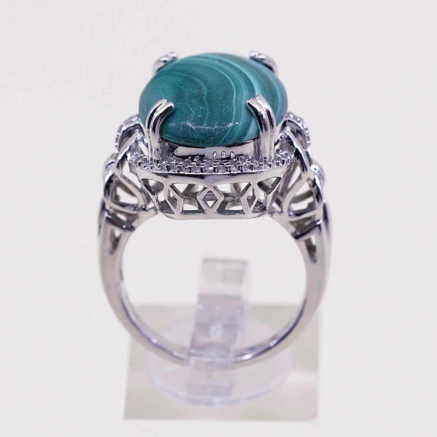 Size 9.25, sterling 925 silver handmade ring with malachite and cluster diamond