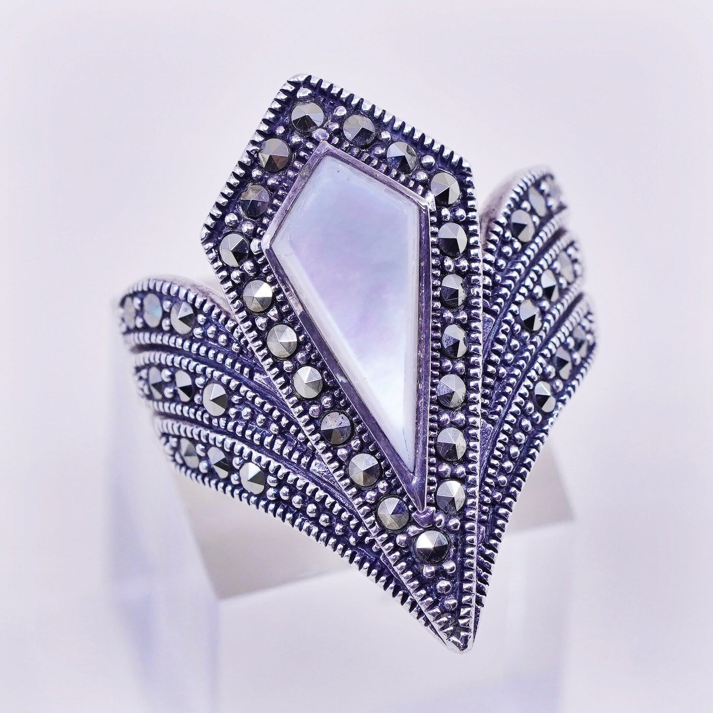 Size 7.75, sterling silver Southwestern 925 ring mother of pearl marcasite