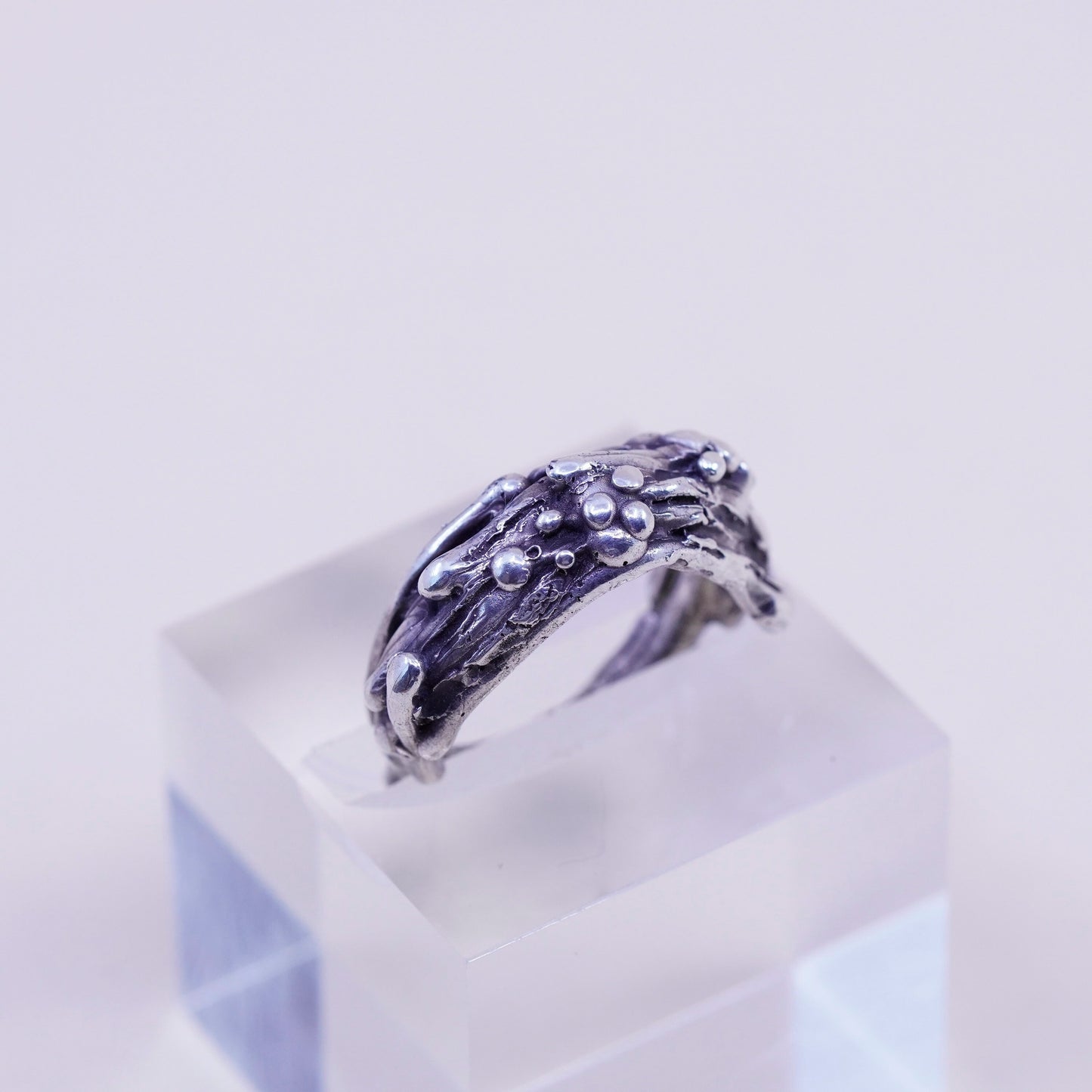 Size 6, vintage sterling silver handmade ring, melted 925 bead band