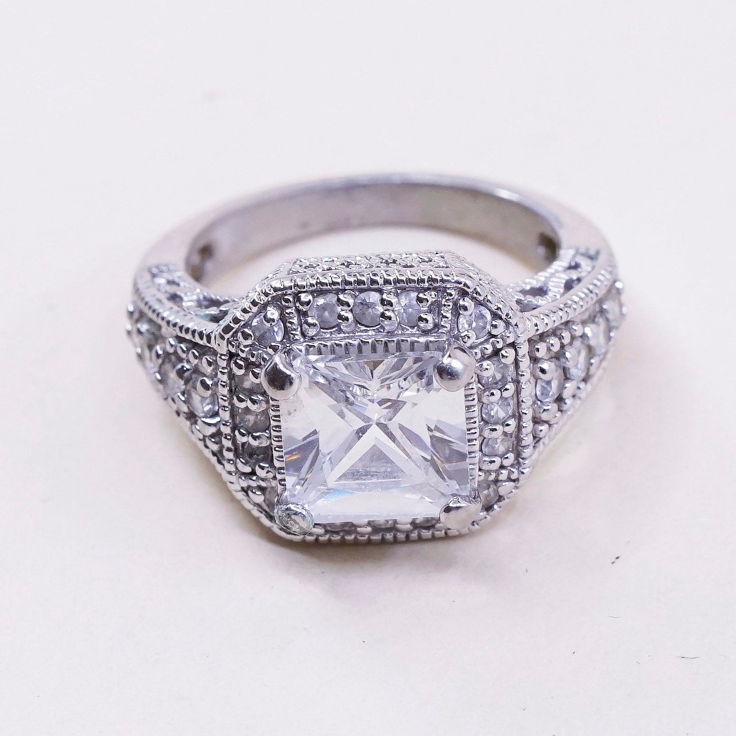 sz 5.5, vtg jewelry, sterling 925 silver cluster crystal engagement ring