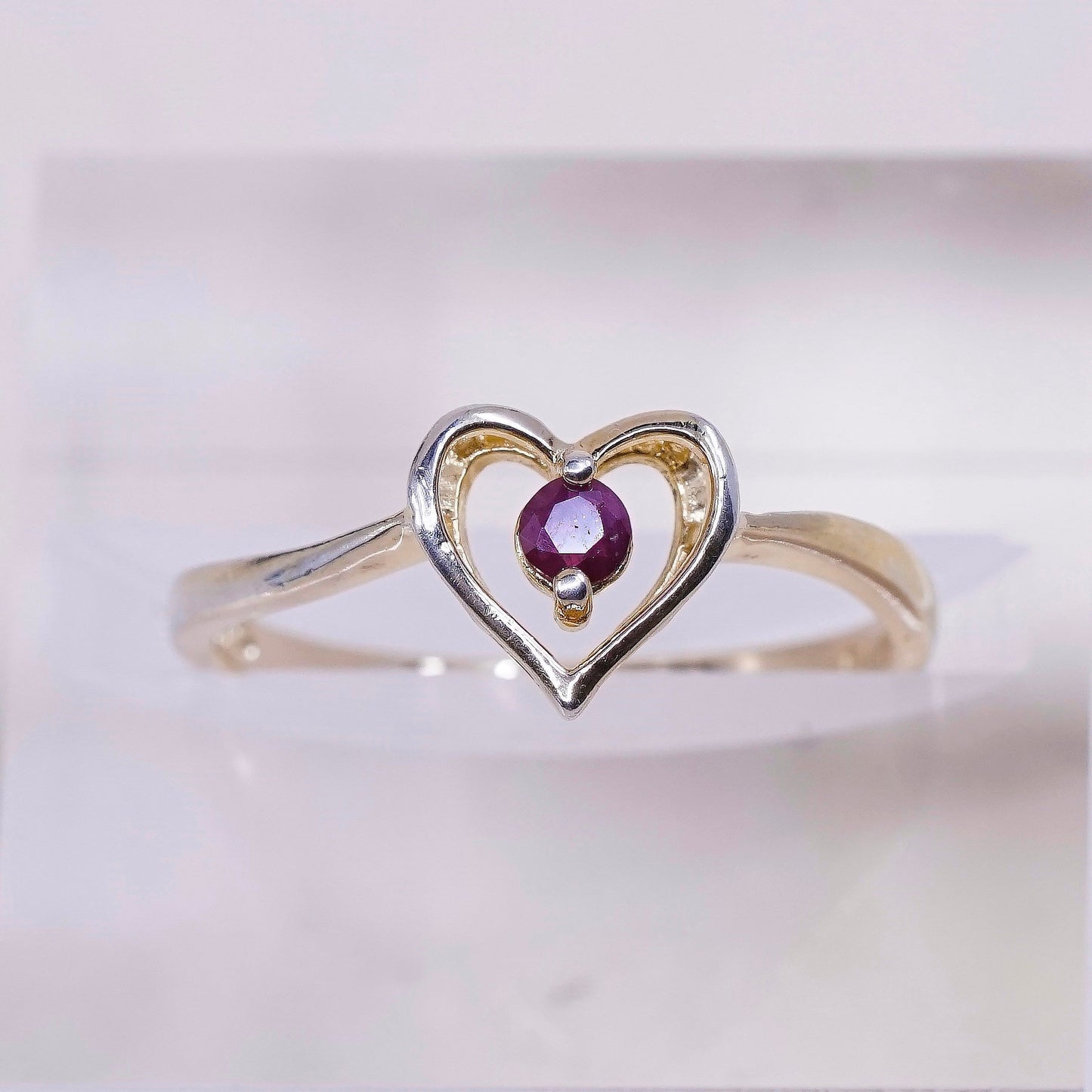 sz 8.25, VTG gold over sterling silver handmade ring, 925 heart with ruby