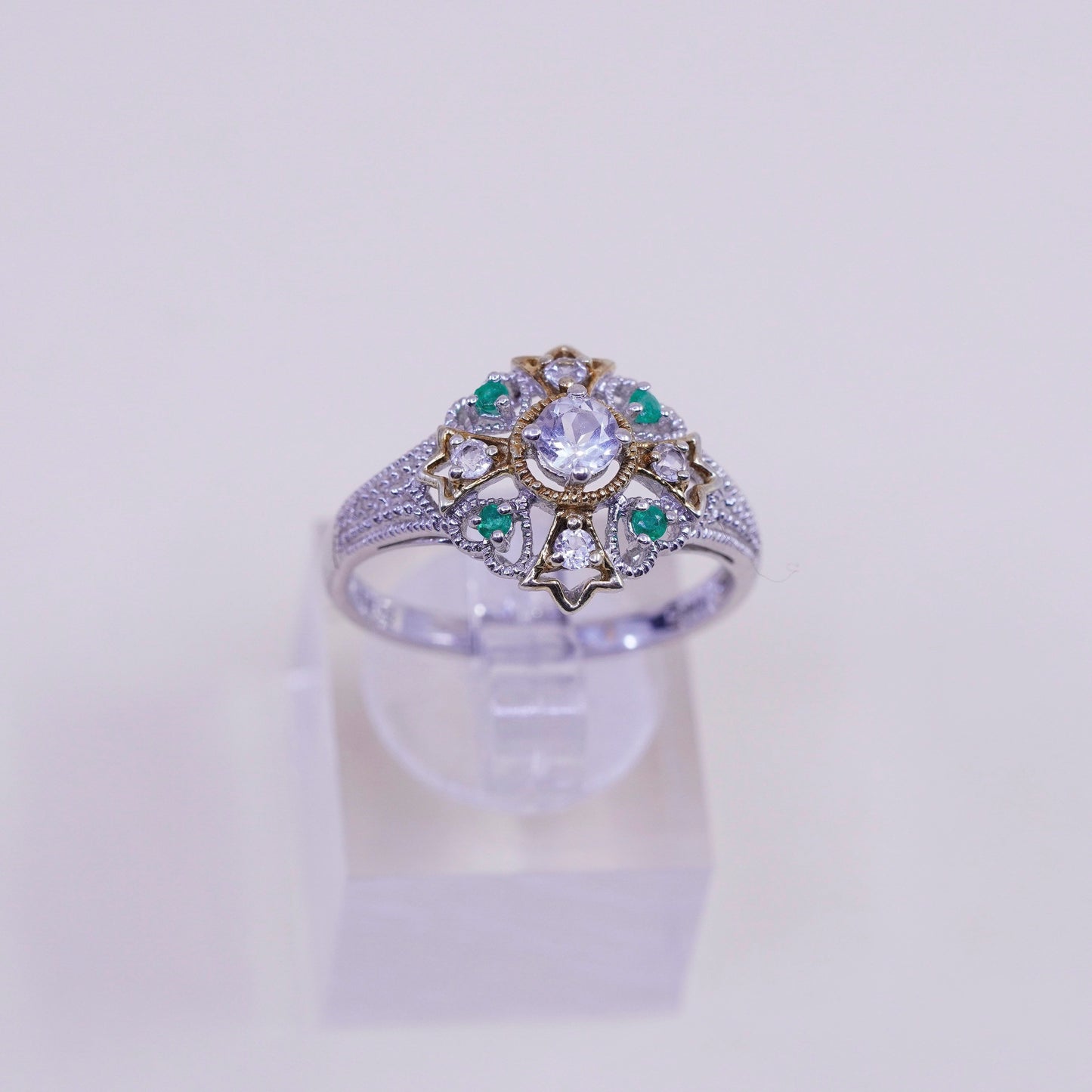 Size 9.25, vtg sterling 925 silver filigree engagement ring with peridot and cz