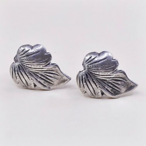 Vtg 925 Silver Handmade Screw Back Earrings Leaf Wings, Stamped Sterling