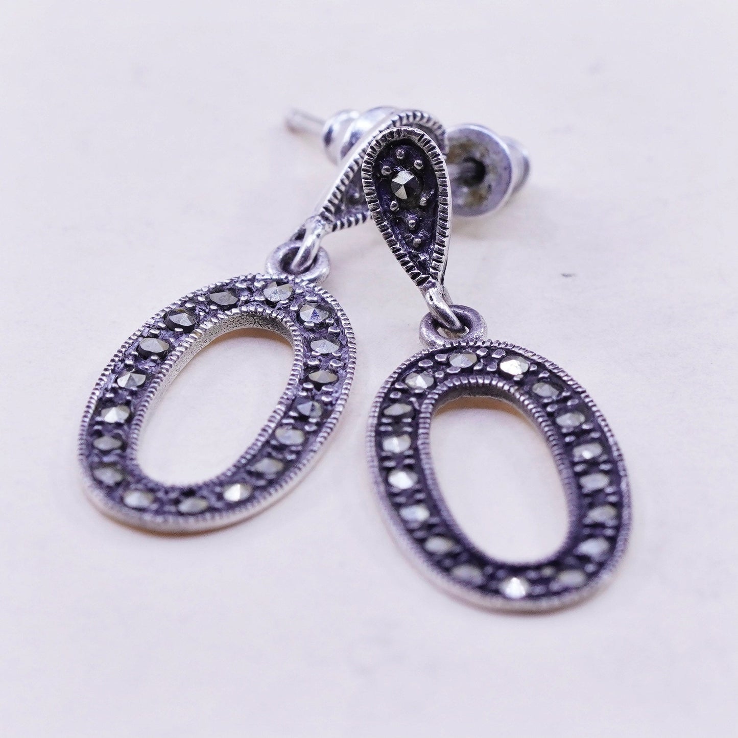 Vintage Sterling 925 silver handmade oval earrings with Marcasite