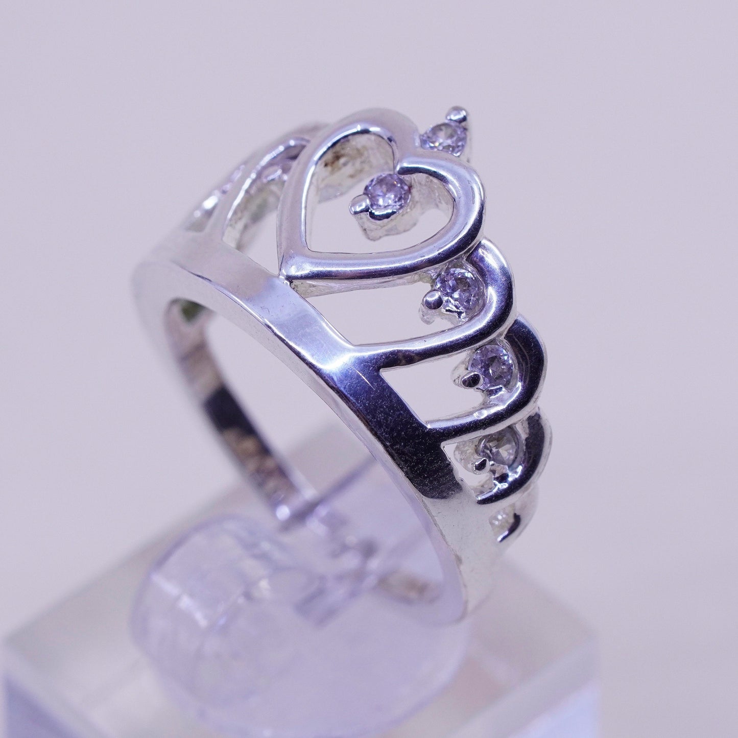 Size 8, vintage Sterling silver handmade ring, 925 crown with cz
