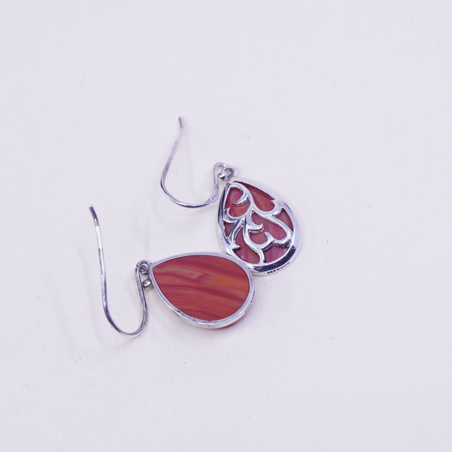 Vintage sterling 925 silver handmade teardrop earrings with agate inlay