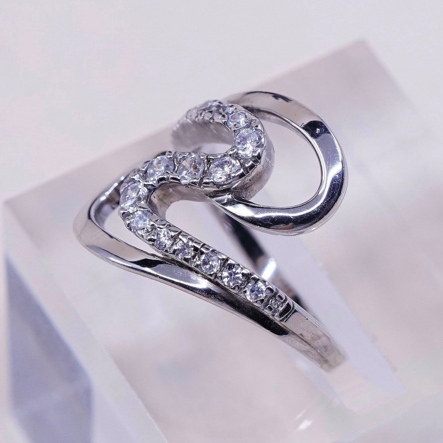 Size 7.25, Vintage sterling silver handmade wavy ring, engagement ring with cz