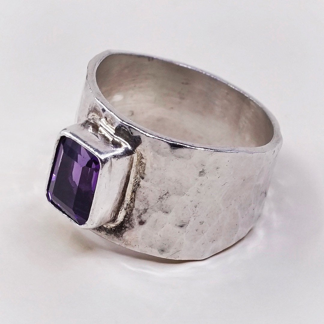 sz 8 vtg sterling silver handmade ring, Mexico 925 hammered band w/ amethyst