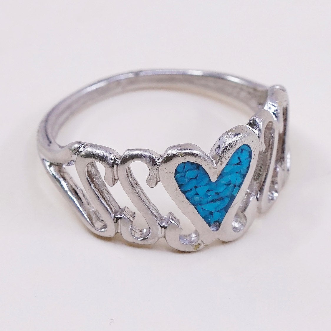 sz 9, vtg Sterling silver handmade ring, 925 band w/ turquoise heart