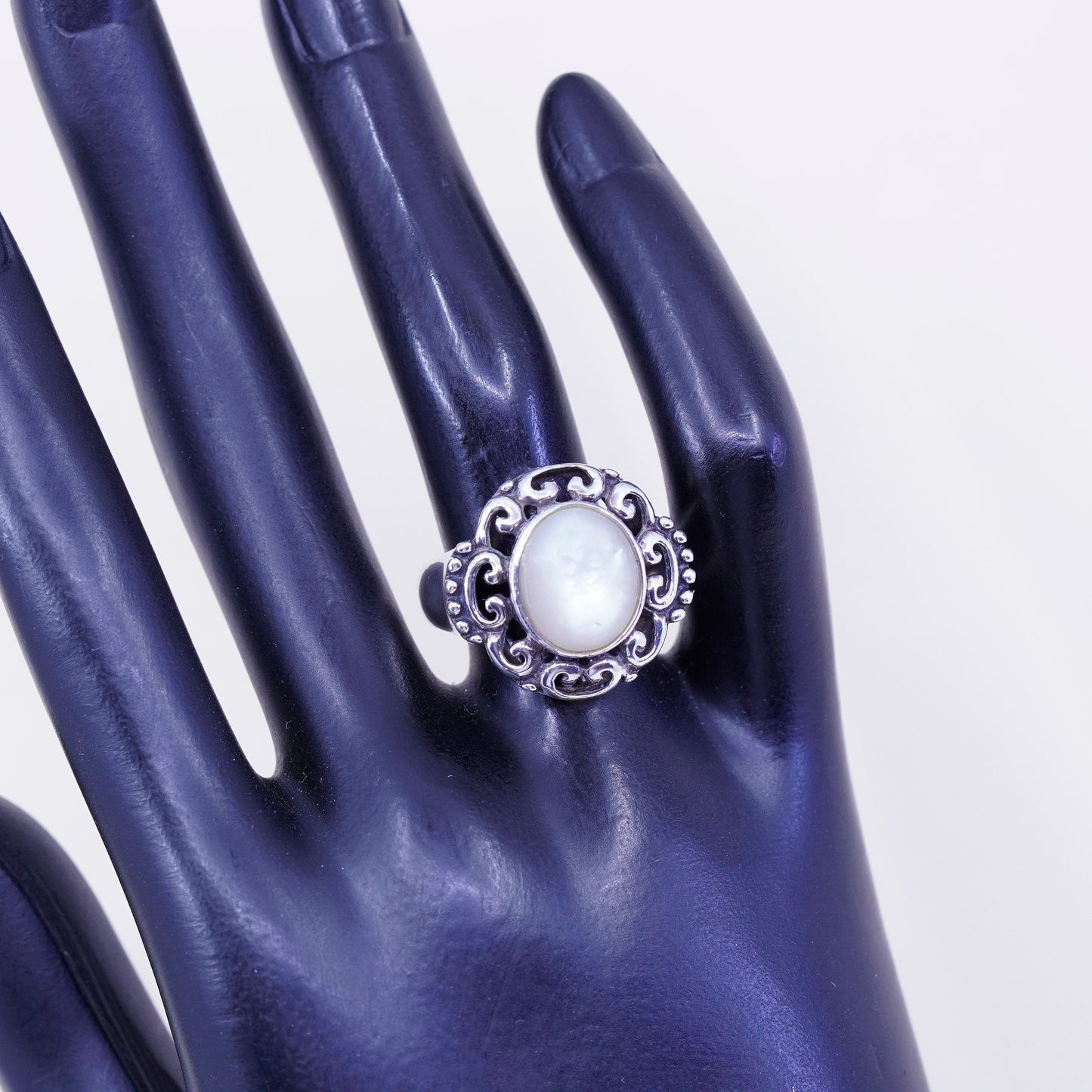 Size 8.25, vintage CFJ sterling 925 silver handmade filigree ring w/ moonstone