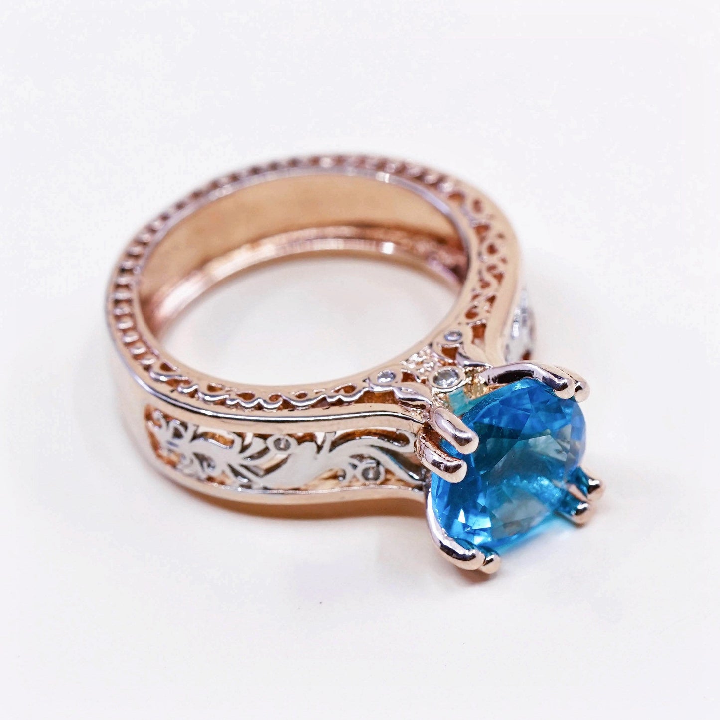 sz 8, Vermeil rose gold over Sterling silver ring, 925 w/ blue topaz N diamond