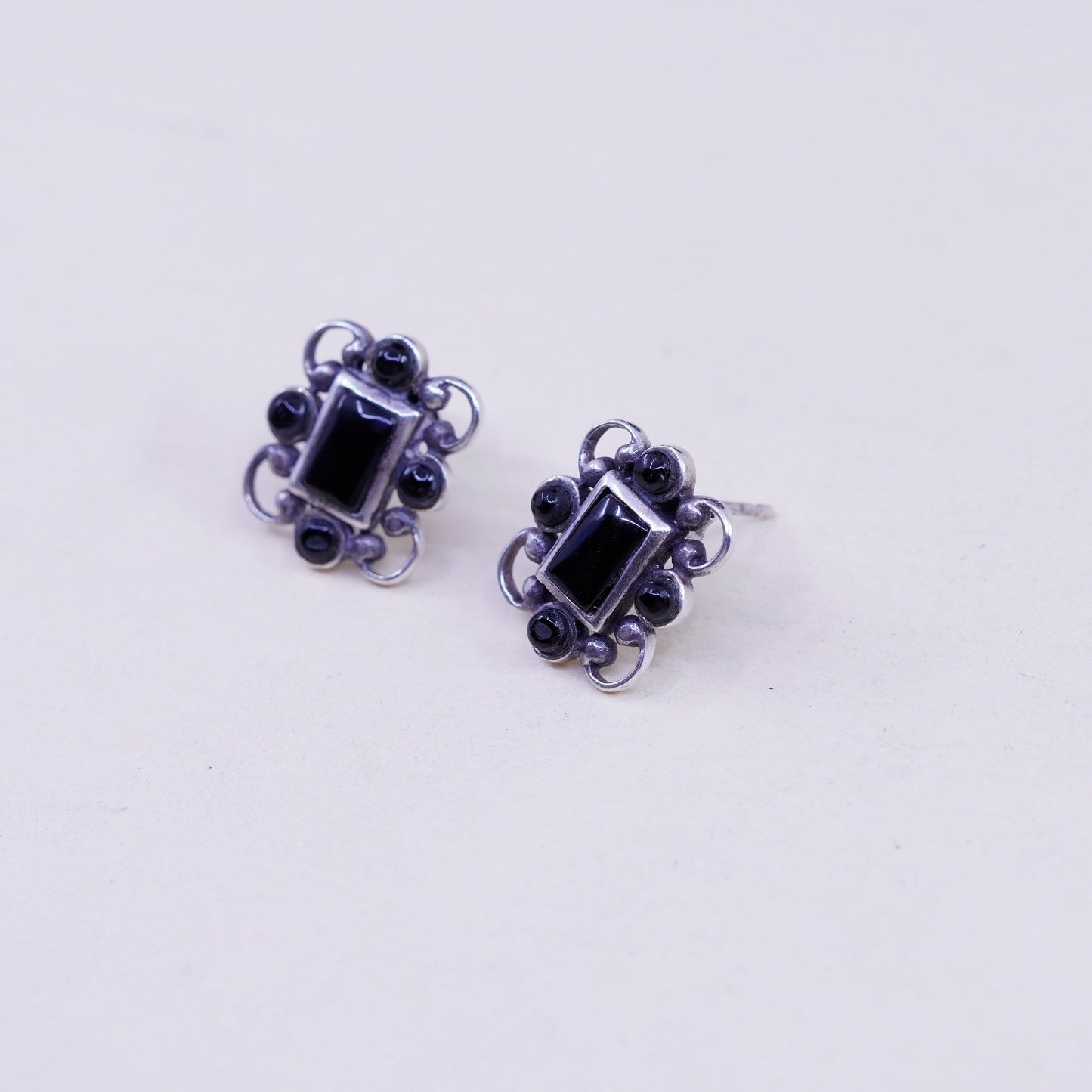 Vintage sterling silver handmade earrings, 925 studs with obsidian