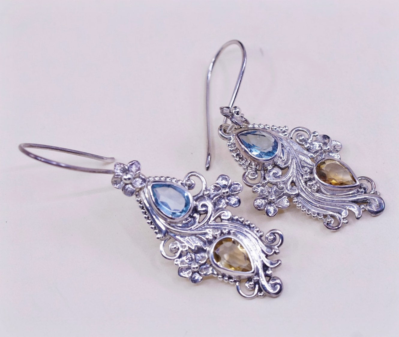 vtg Sterling silver handmade earrings, 925 dangles w/ citrine, topaz n flower