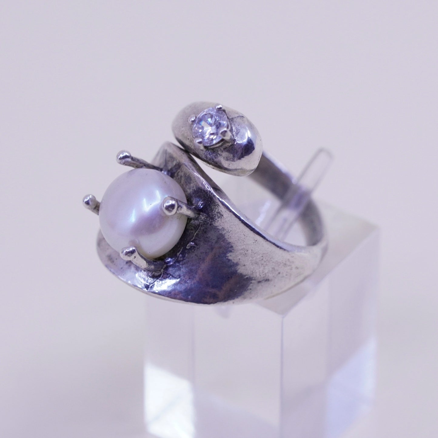 Size 7, vintage Sterling silver handmade ring, modern 925 band with pearl cz
