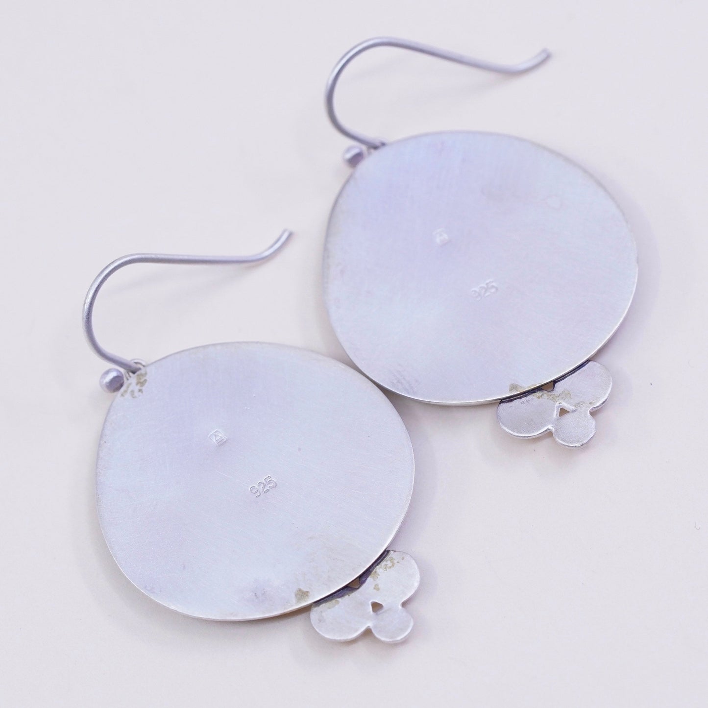 Designer Ananda KHALSA Sterling 925 silver handmade earrings, watercolor purple plum blossom flower with sun, stamped 925 A