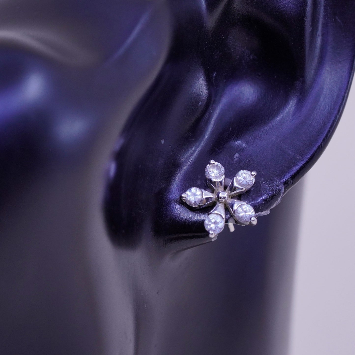 Vintage Sterling silver handmade earrings, 925 flower studs with cz