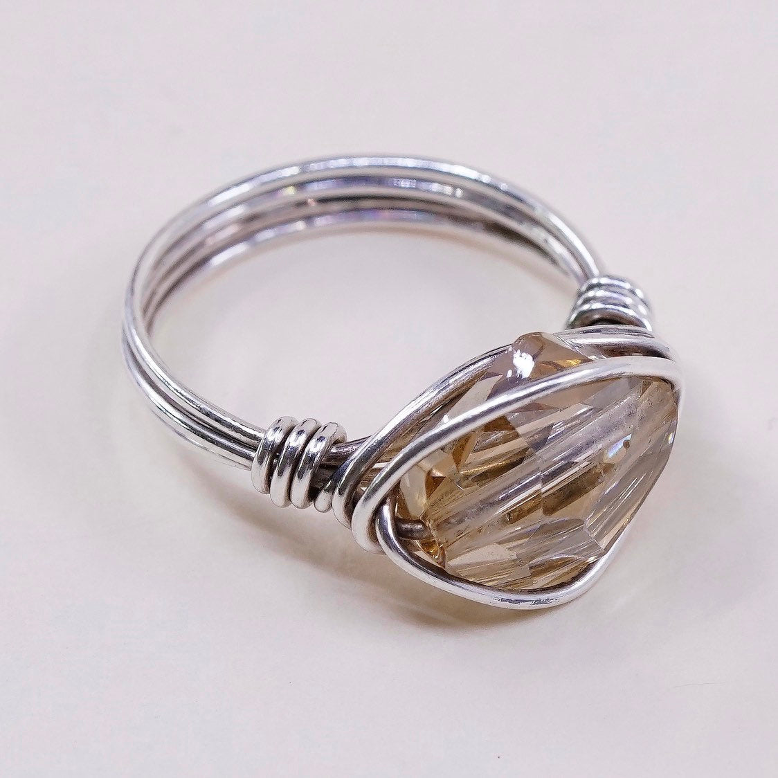 sz 6.75, sterling silver handmade ring, 925 wired ring w/ citrine glass