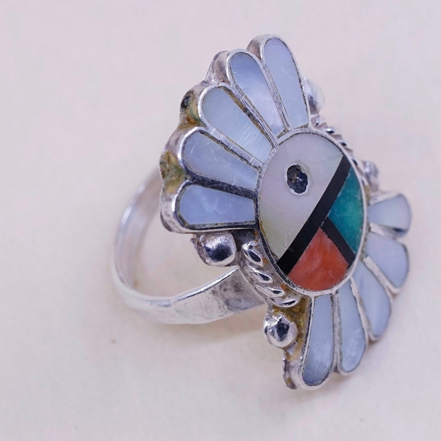 sz 6, sterling silver handmade 925 w/ coral N turquoise, Zuni Tewa sun ring
