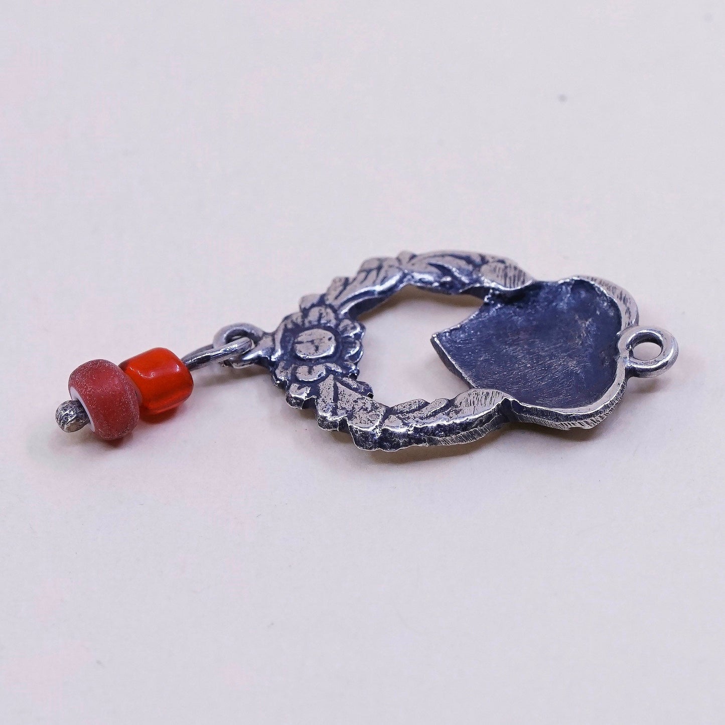 VTG handmade sterling silver charm, 925 heart pendant W/ coral, silver tested