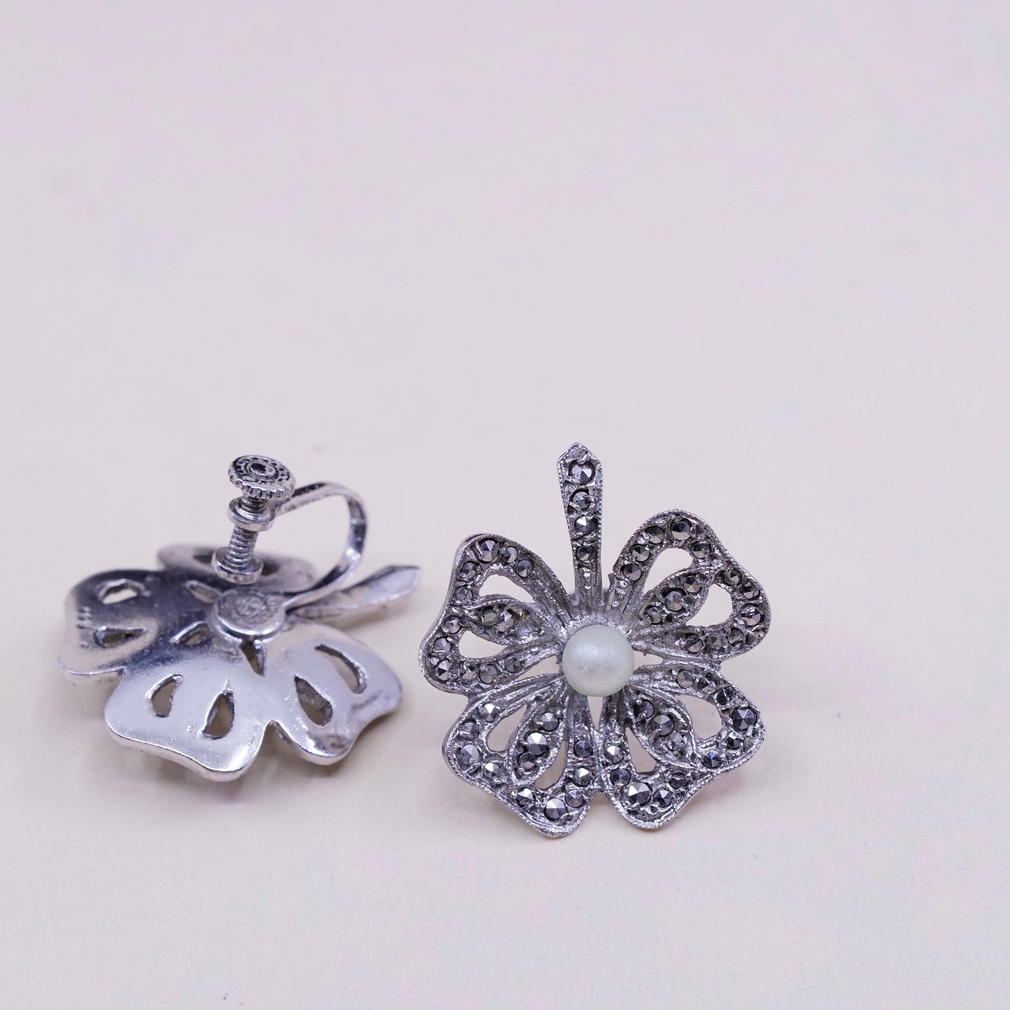 Vintage Sterling silver handmade earrings, 925 screw back flower with Marcasite