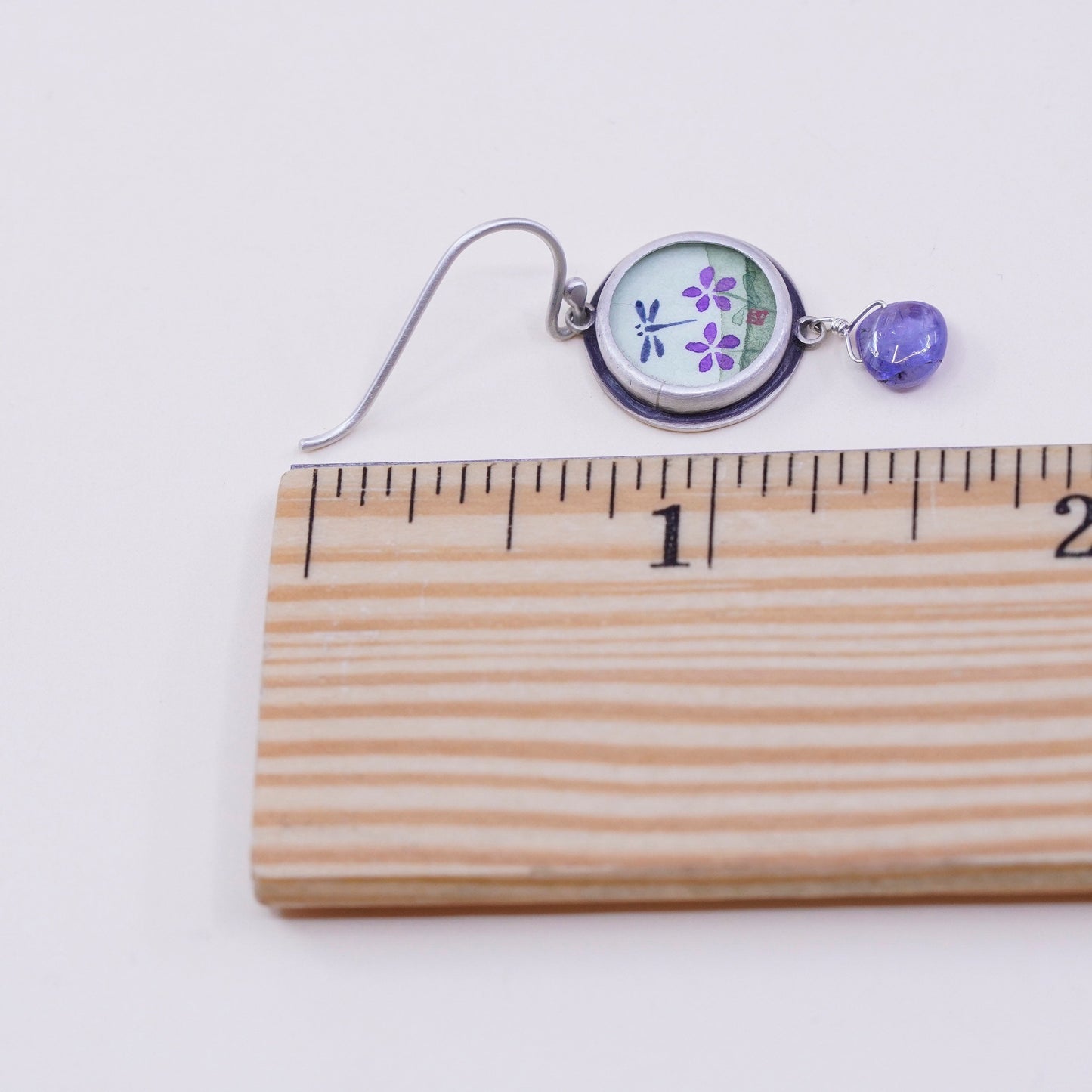 Designer Ananda KHALSA Sterling 925 silver handmade earrings, watercolor dragonfly with teardrop Iolite, stamped 925 A