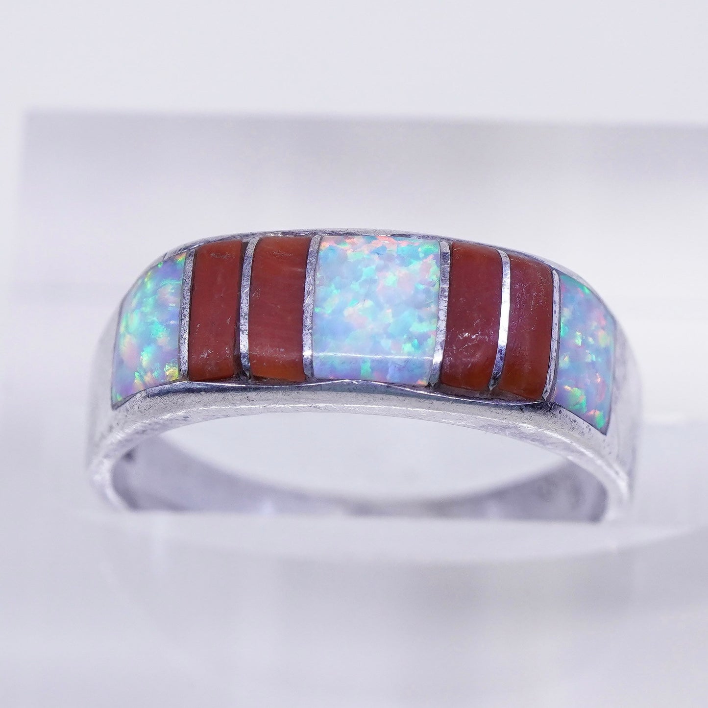 sz 9.25, vtg zuni Sterling silver handmade ring, 925 band w/ fire opal N coral