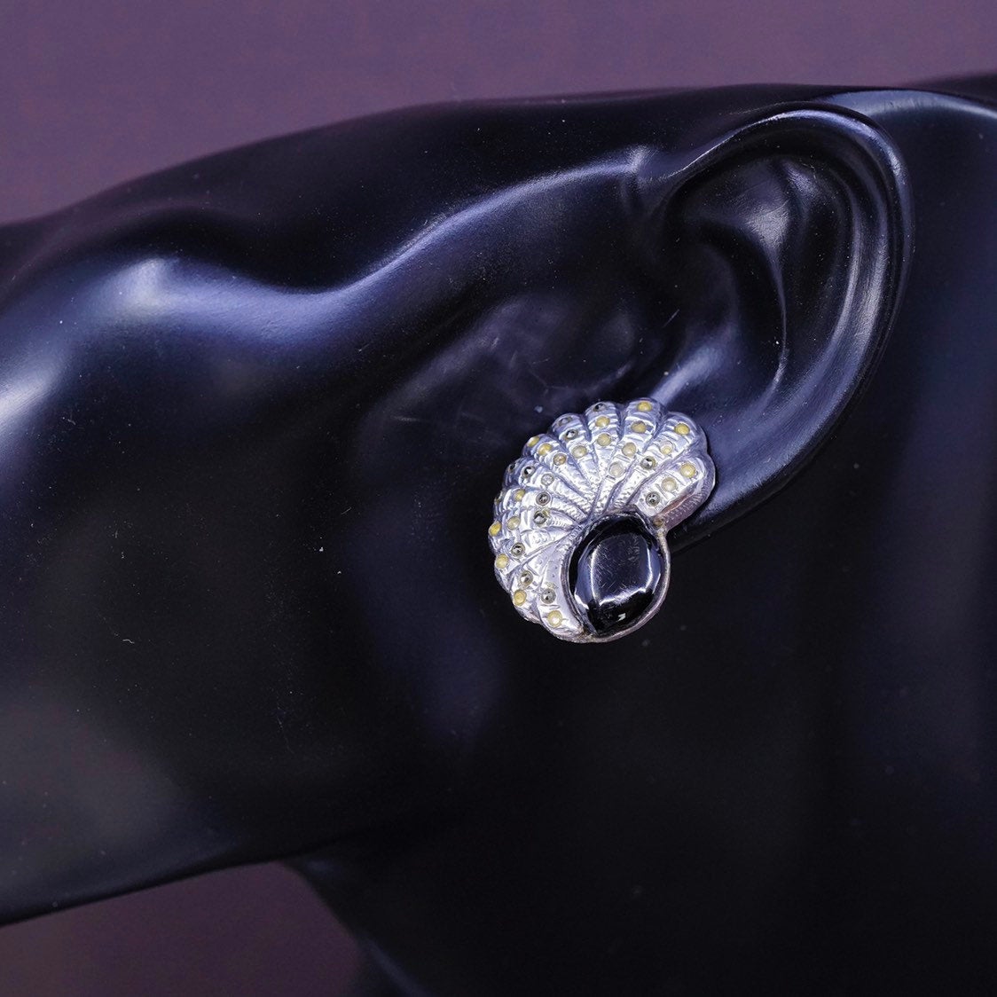 vtg Sterling silver handmade earrings, 925 shell w/ obsidian N marcasite