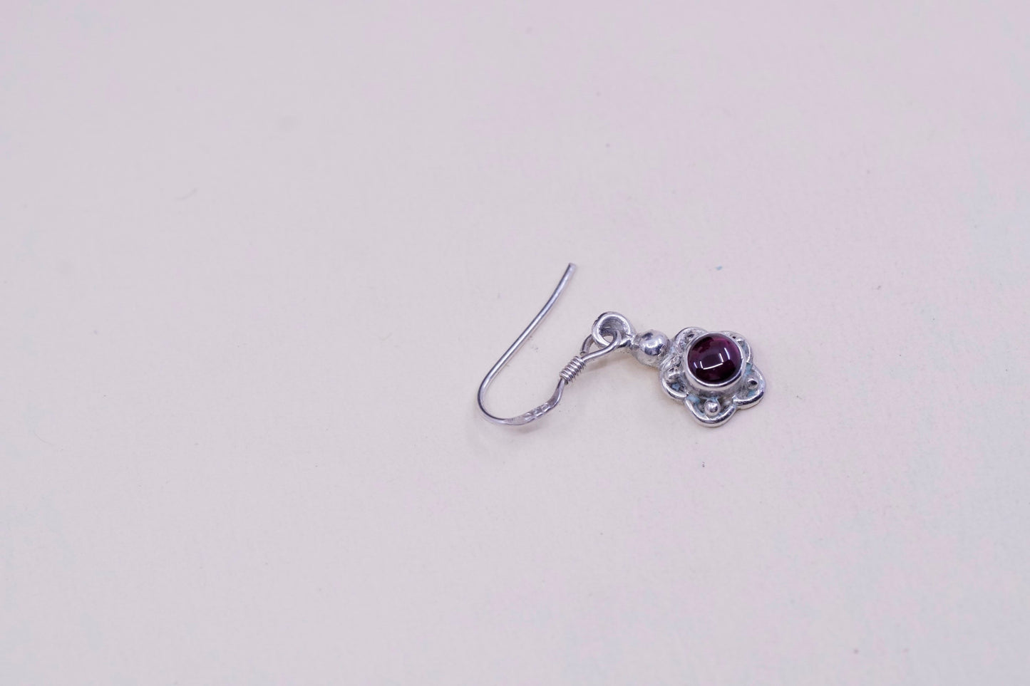 Vintage Sterling silver handmade earrings, 925 flower dangles with garnet beads