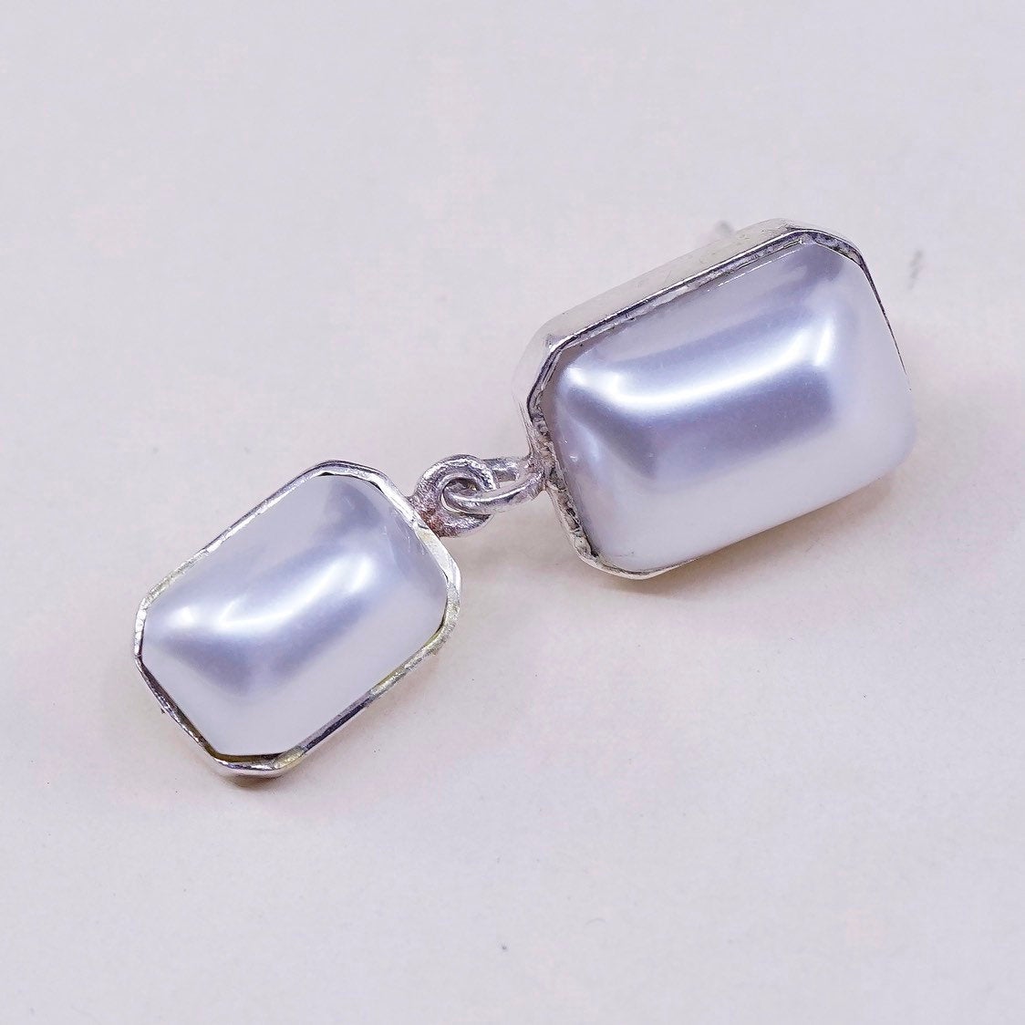vtg JM Sterling silver handmade earrings, 925 w/ faux pearl drop