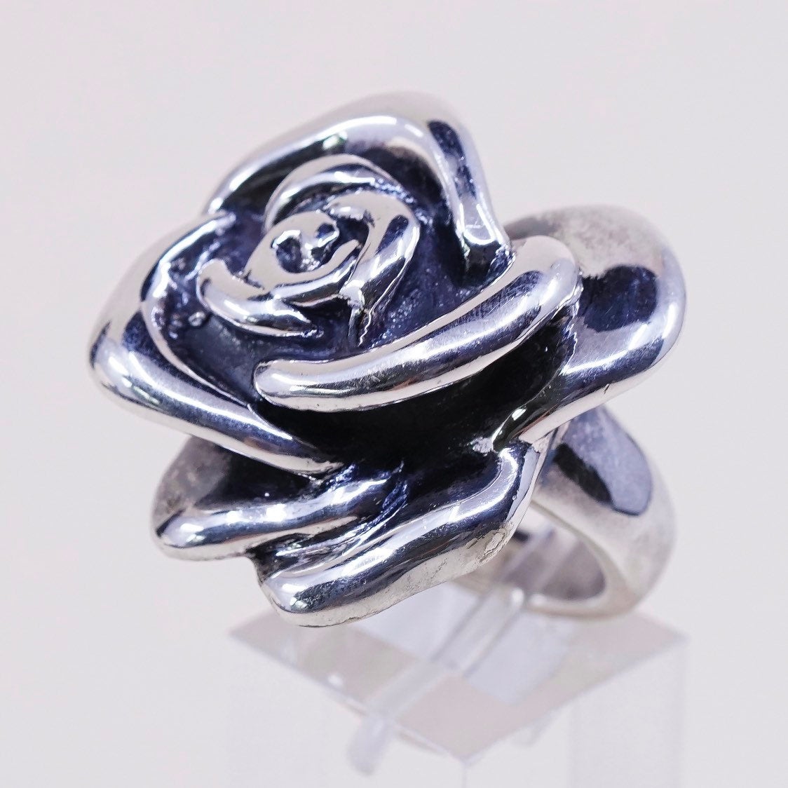sz 6.75, vtg Sterling silver handmade ring, huge statement puffy 925 rose
