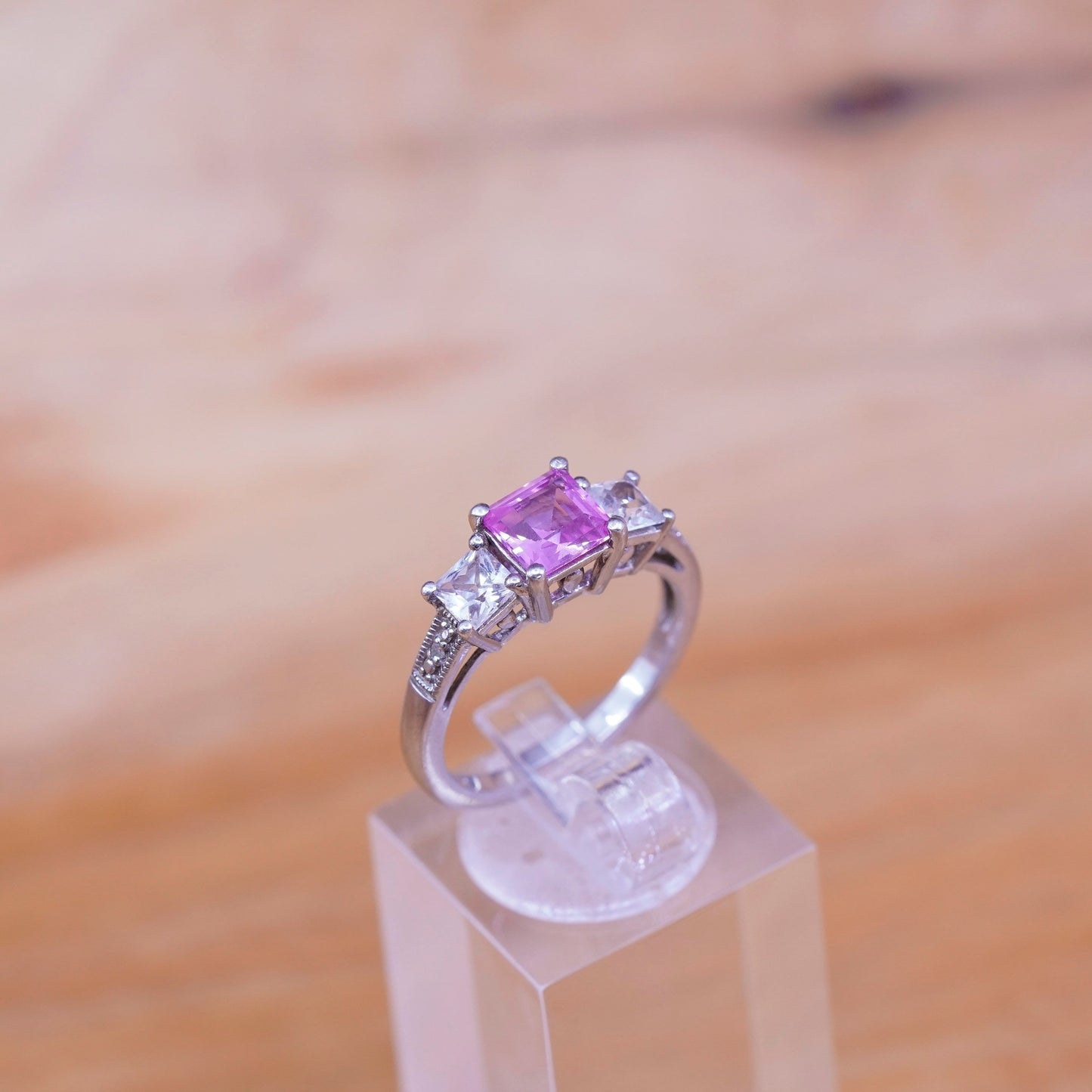 Size 6.5, vintage Sterling 925 silver ring with pink and clear cz