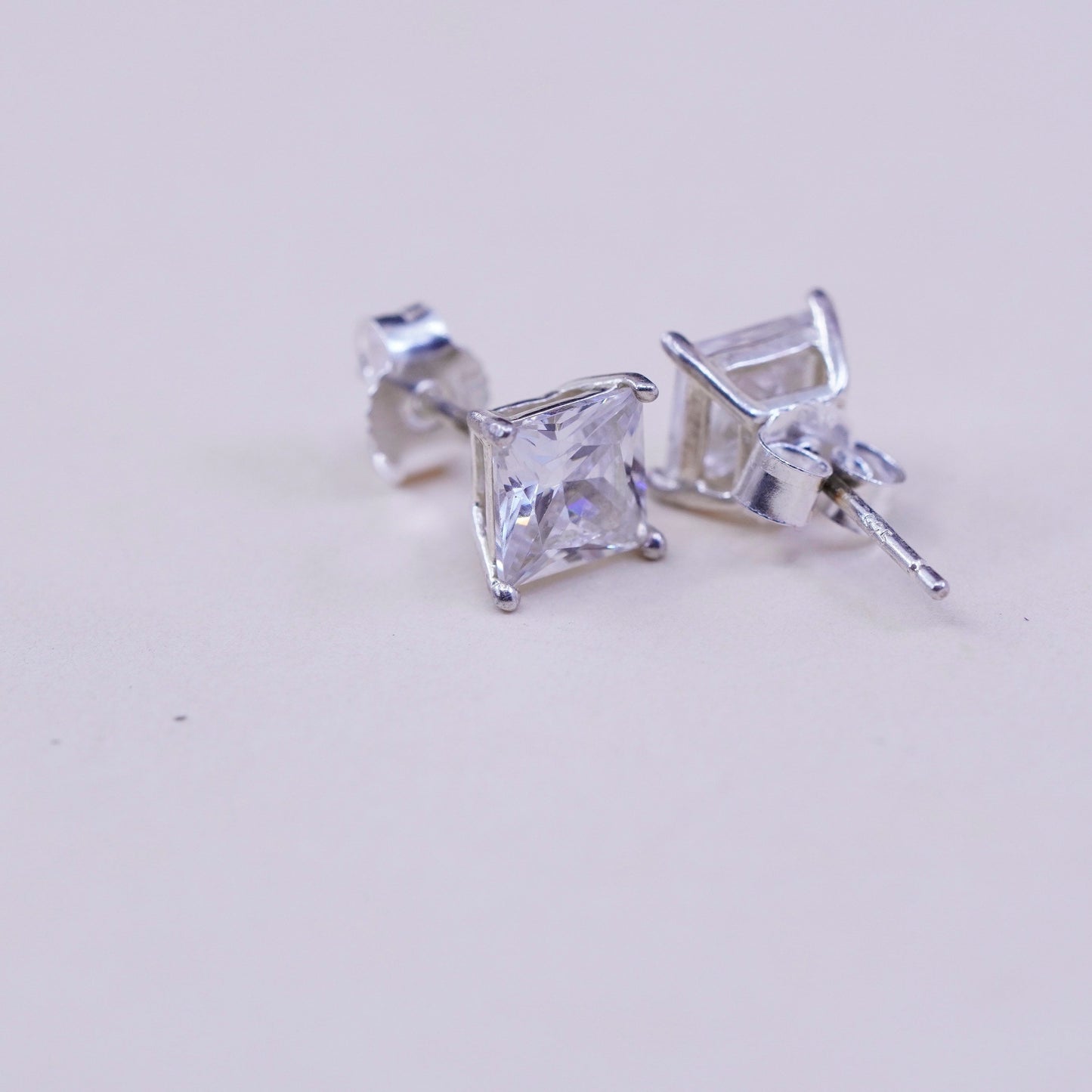 4mm Vintage sterling 925 silver square clear CZ studs, fashion minimalist earrings, stamped 925