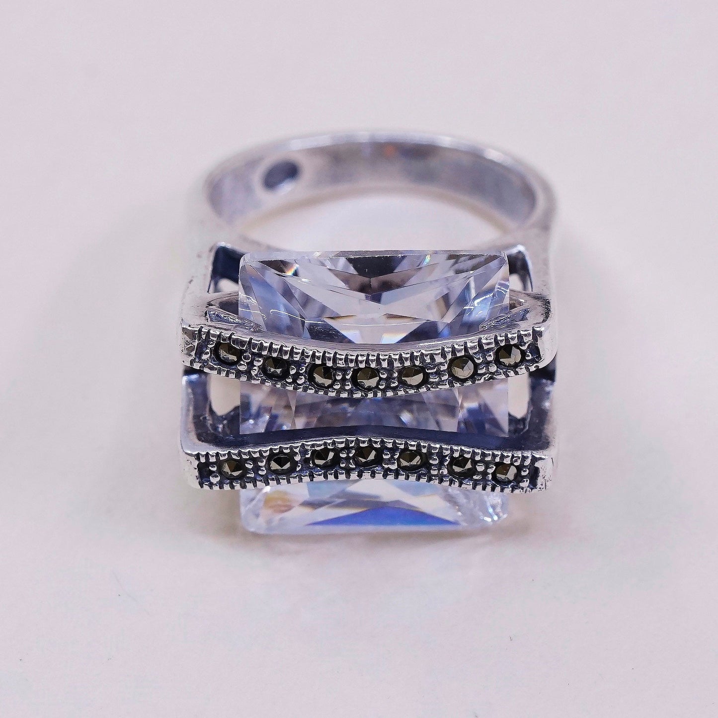 sz 4.75, vtg Sterling silver handmade cocktail ring w/ CZ and marcasite