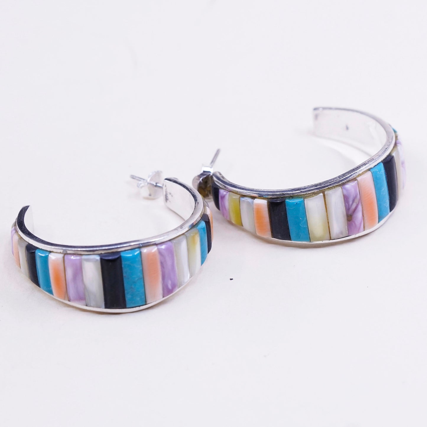 1.5”, vtg handmade earrings. TS Navajo Sterling 925 Silver Huggie studs