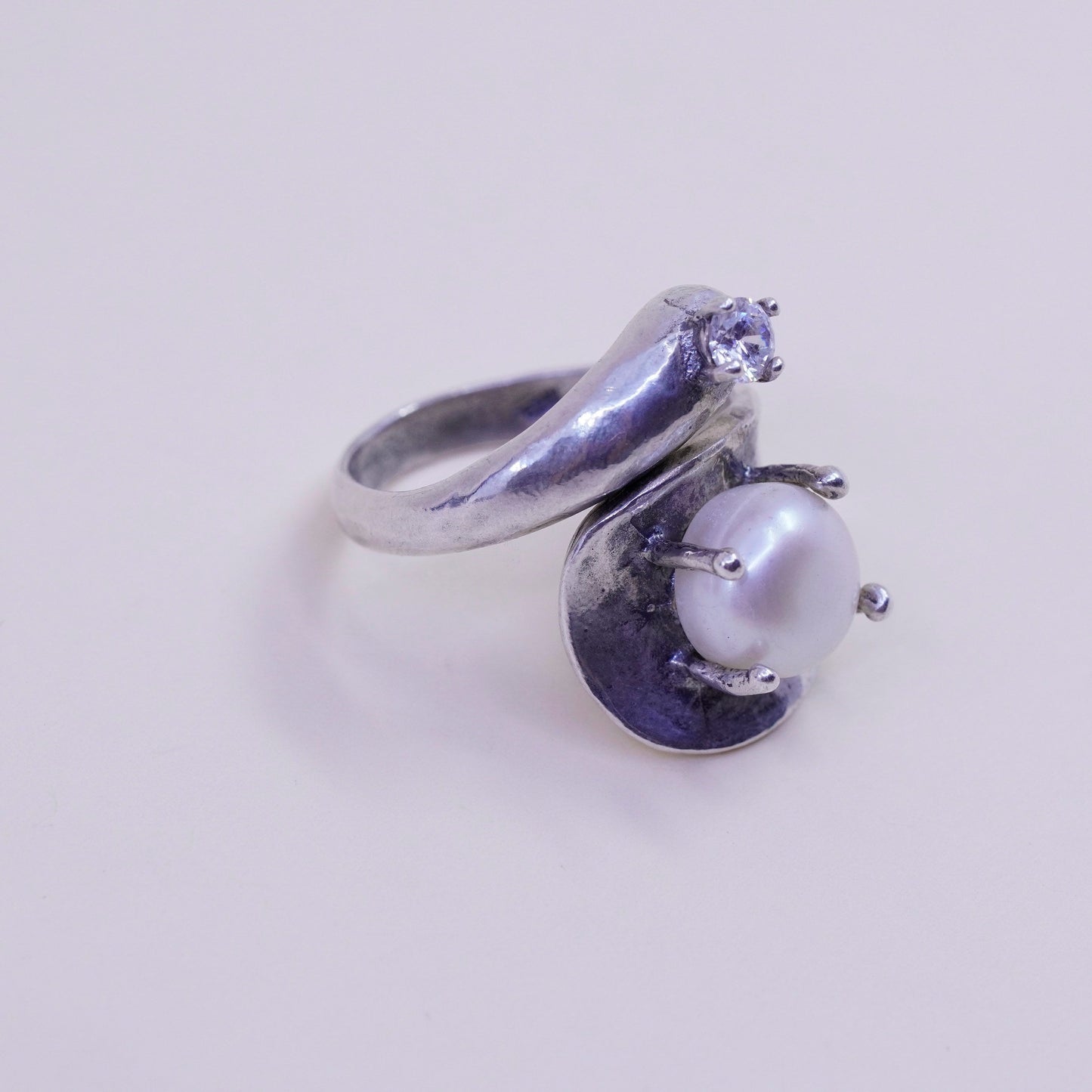 Size 7, vintage Sterling silver handmade ring, modern 925 band with pearl cz