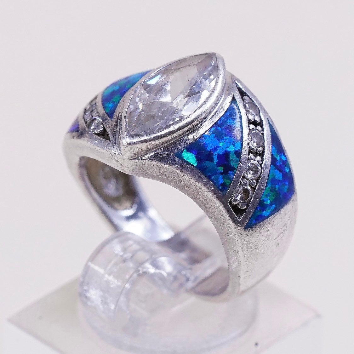 sz 5.75,vtg Sterling silver handmade ring, 925 band w/ fire opal n marquise cz