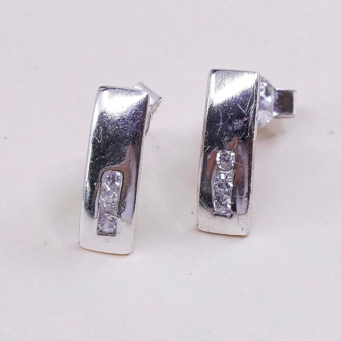 Vintage sterling silver genuine cz studs, fashion minimalist earrings