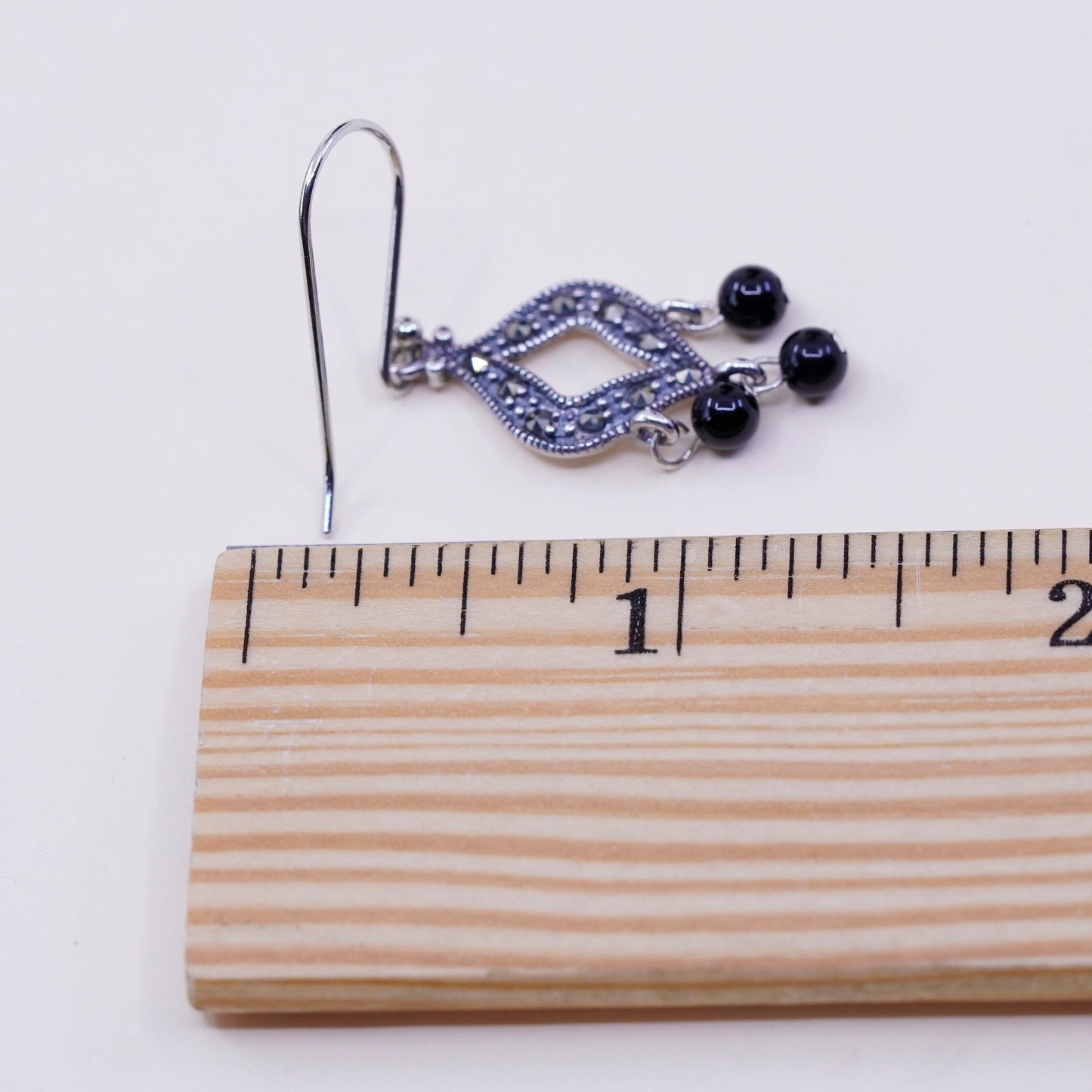 Vintage Sterling silver handmade earrings, 925 drops with obsidian and marcasite, stamped 925 China