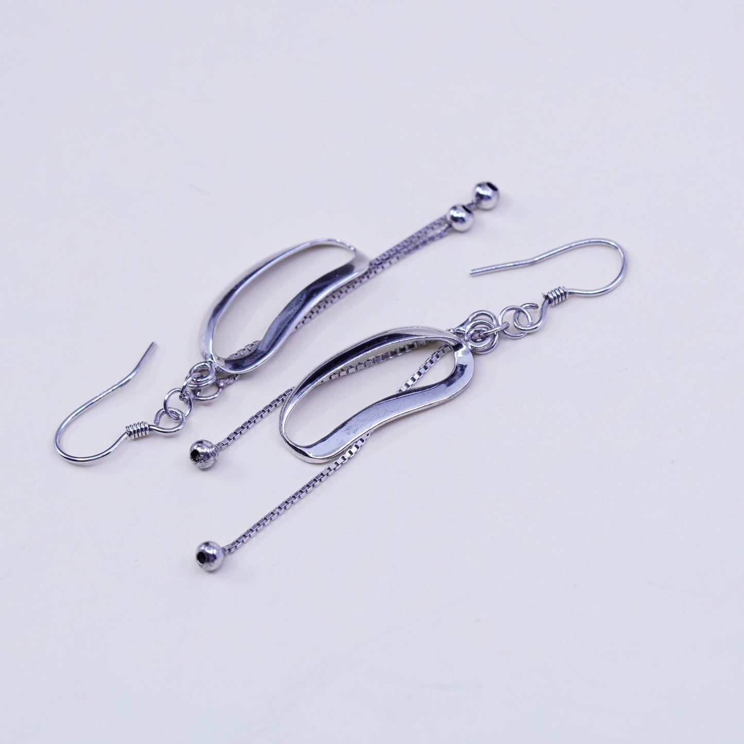 vtg sterling 925 silver handmade earrings, oval dangles w/ box chain and beads