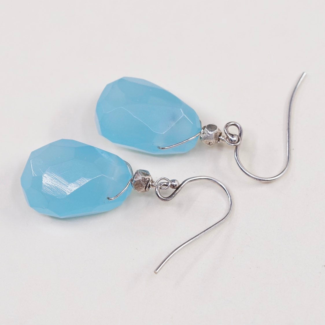 vtg sterling silver handmade earrings, 925 with nugget calcedony, silver Tested