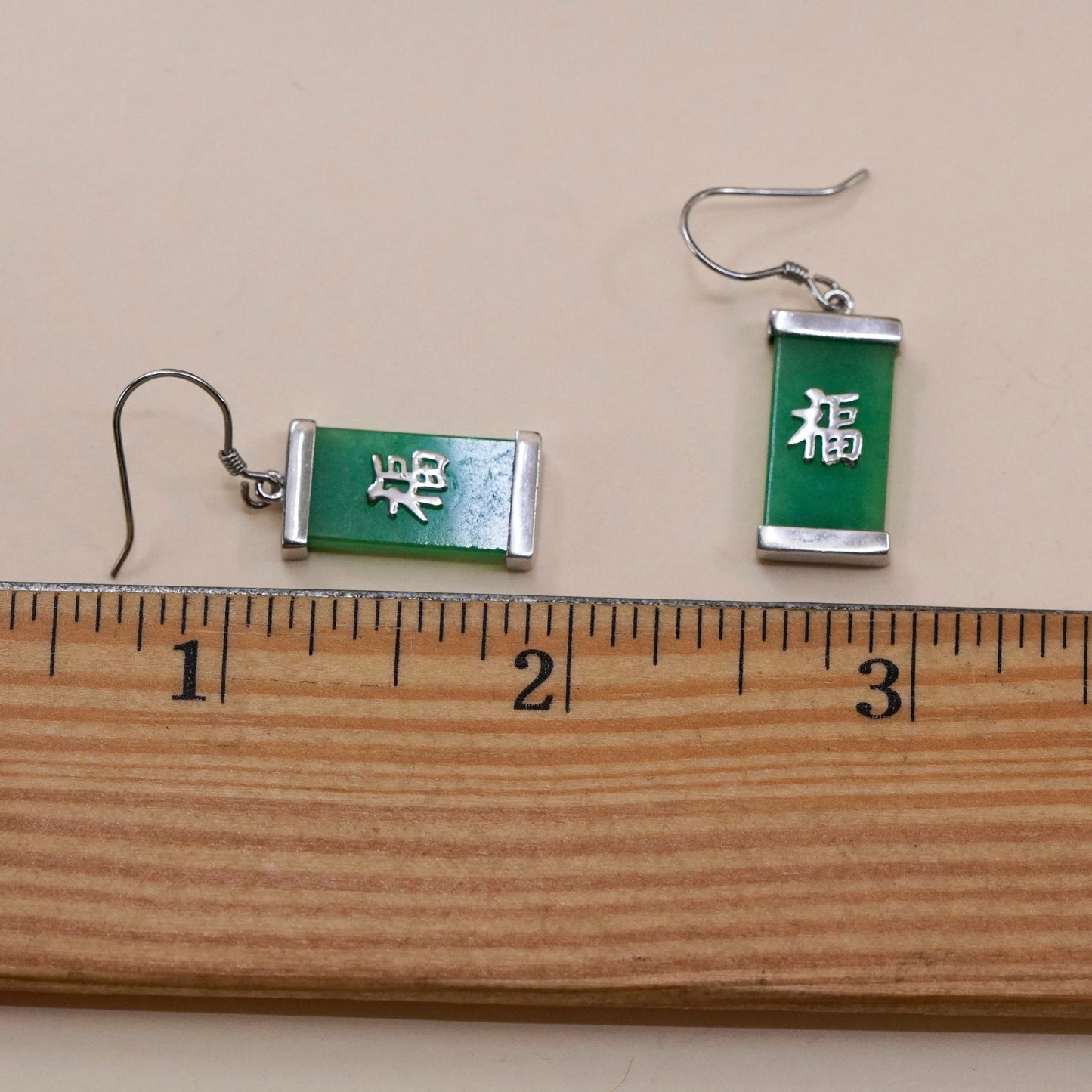 Sterling 925 silver handmade earrings with jade and Chinese character “blessed