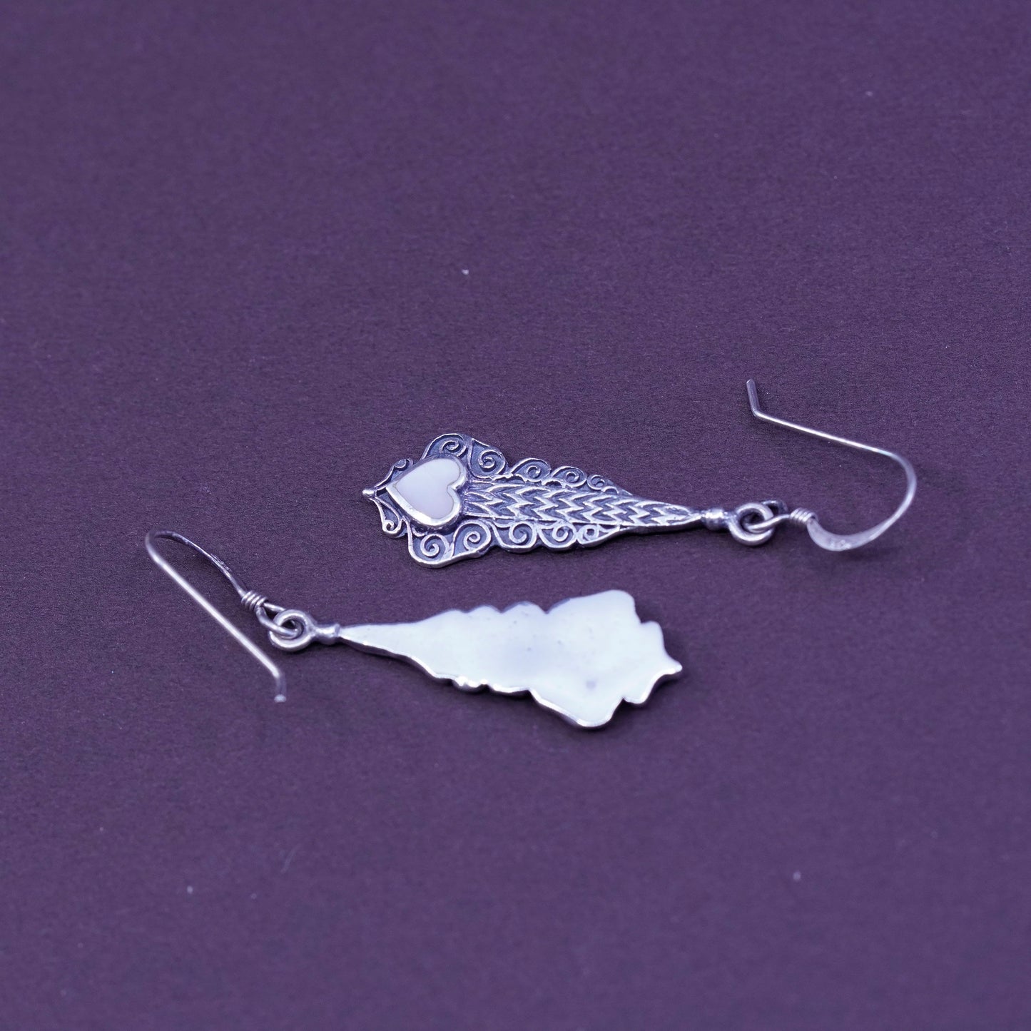 Sterling silver handmade earrings filigree 925 dangles w/ heart mother of pearl