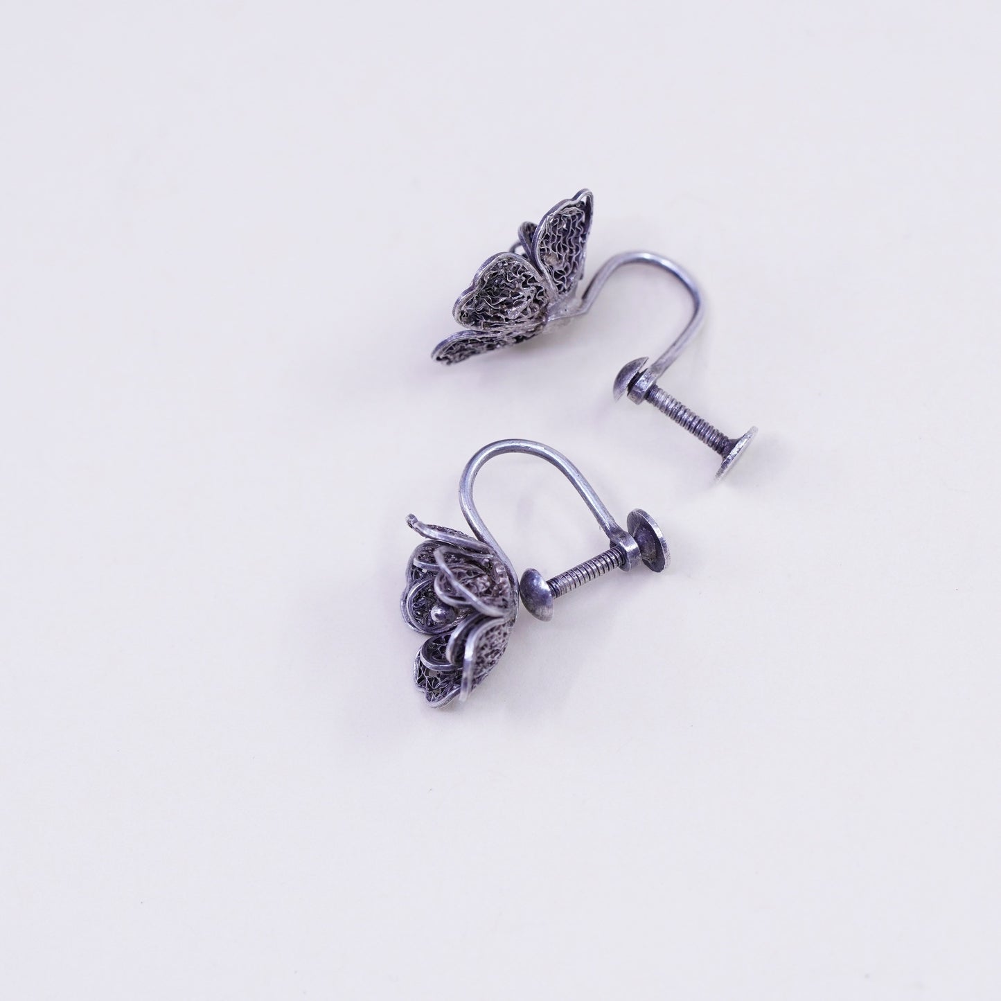 1950s Vintage sterling silver earrings, 925 filigree flower screw back earrings