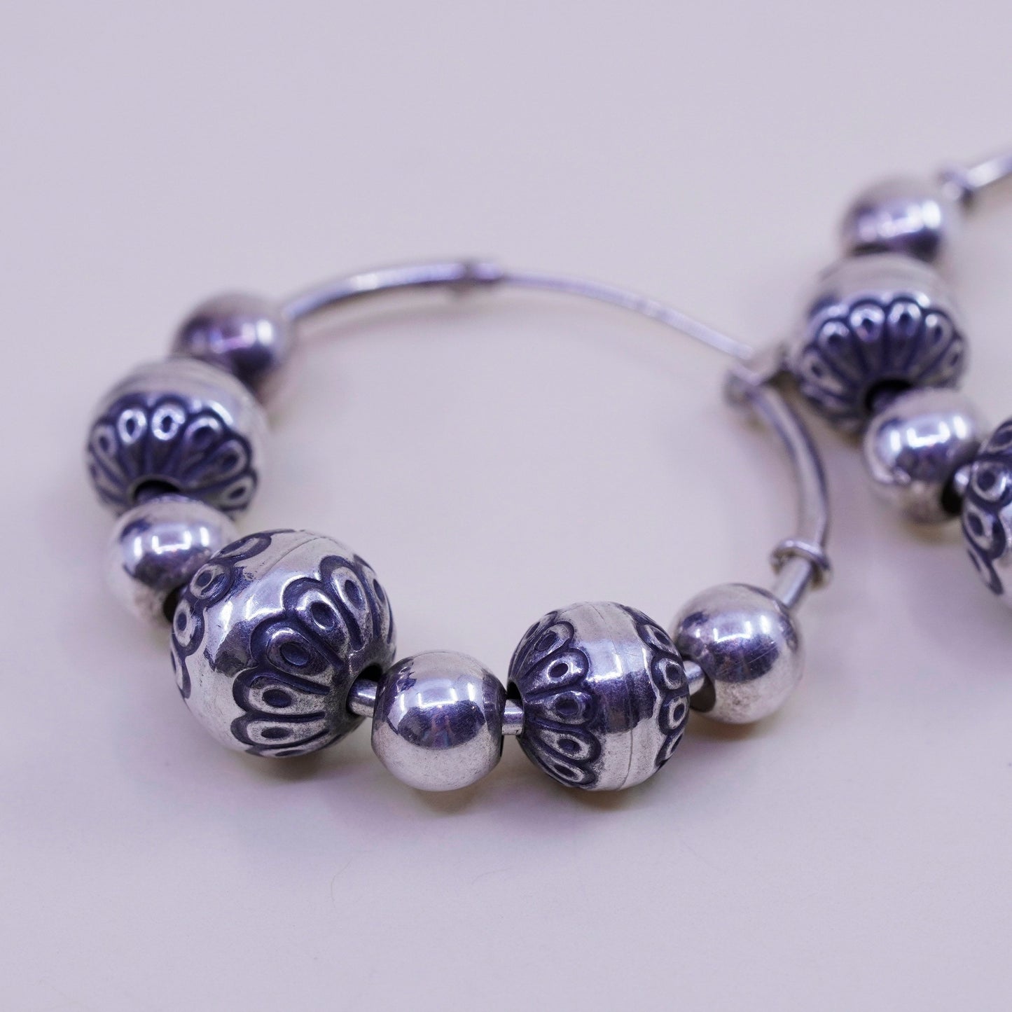 1.25”, Vintage sterling 925 silver loop handmade earrings textured beaded hoops