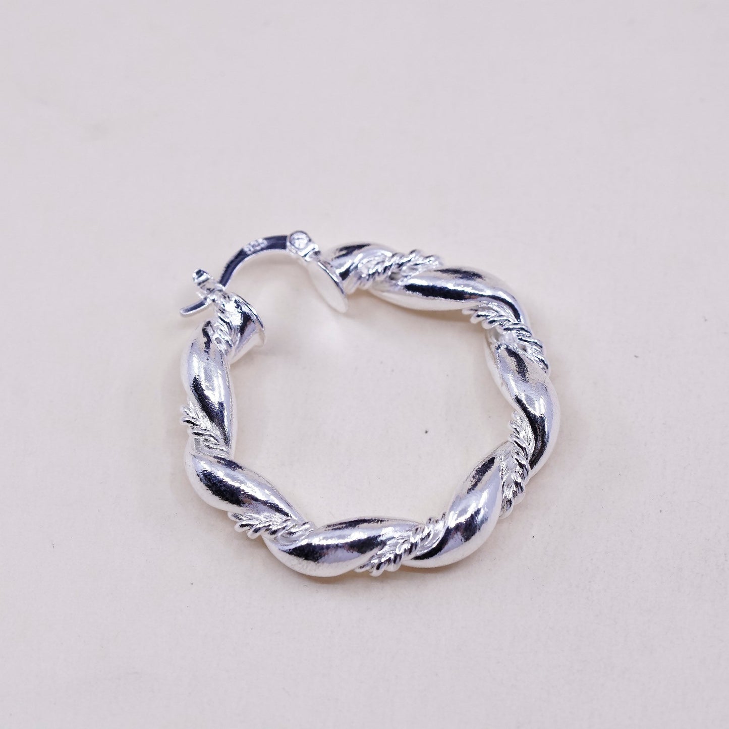 1.5”, vtg sterling silver loop earrings, primitive Ribbed twisted hoops, huggie