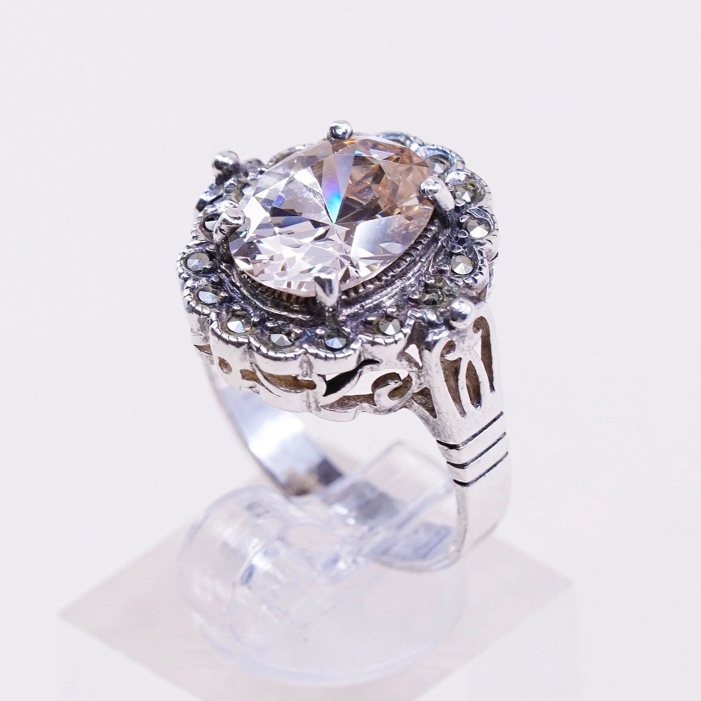 sz 8.5, vtg Sterling 925 silver handmade cocktail ring w/ citrine N marcasite