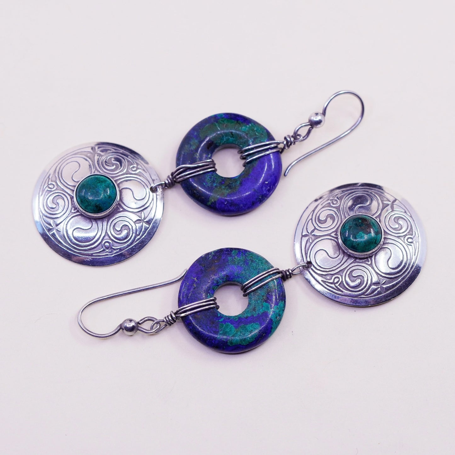 Vintage Sterling 925 silver handmade earrings with azurite and circle dangles